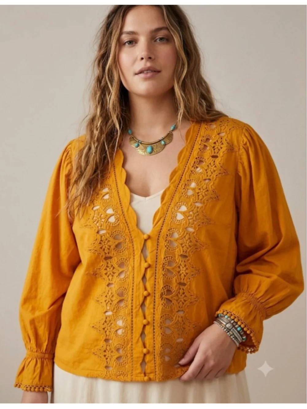 Free People Orange Embroidered Blouse Size XL